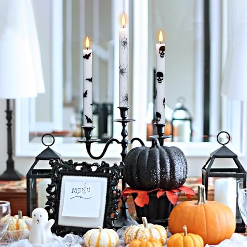 GenSwin Flameless Taper Candles with Remote Timer, 6Pcs LED Flickering Taper Candles Battery Operated Real Wax with Spider Webs/Skull/Bats Decals for Halloween Spooky Decoration (White, 0.78”x9.65”) - Image 5