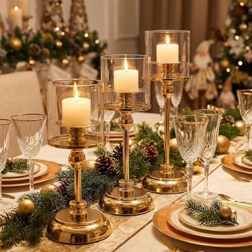 3PCS Gold Hurricane Candle Holders, Glass Hurricane Candlestick Holders for Pillar Candles, Tall Metal Candle Holders with Removable Glass Shade for Wedding Centerpieces, Dining Table Decor - Image 7
