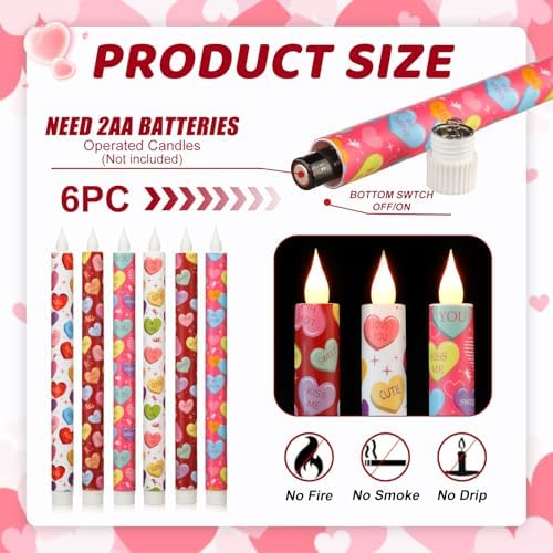 Valentine Taper Candles, 6 Pcs 10.6 Inch Flameless LED Candlesticks with Remote & Timer, Battery Operated Conversation Heart Decor for Valentine‘s Day Dinner Anniversary Wedding Table Decor - Image 3
