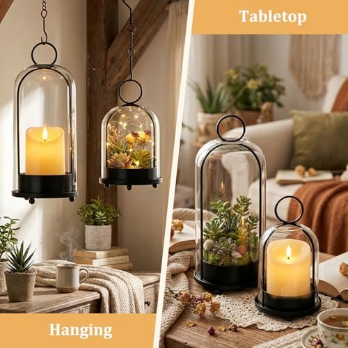 Brass Hurricane Handmade Sturdy Glass Dome Candle Holders with Glass Cover, Set of 2 Flameless Battery Operated LED Pillar Candles and Remote, Elegant Cloche Lantern for Modern Table Centerpiece - Image 4