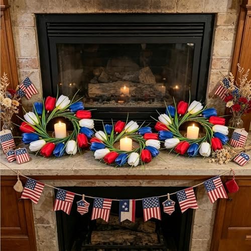 4 PCS 4th of July Candle Rings Wreaths Patriotic Tulip Silk Memorial Day American Flag Floral Candle Rings Holder with Red White and Blue Flower for Independence Day Labor Day Table Centerpiece Decor - Image 5