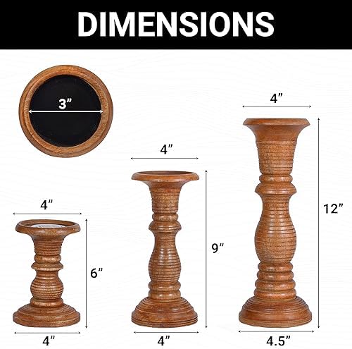 Mela Artisans Jharana II Wood Candle Holders - Medium Polish, Set of 3 - Image 2