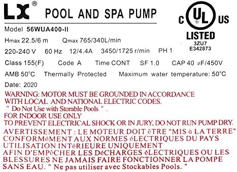 KL Key Lander WUA400-II SPA PUMP, 4HP Hot Tub Pump, 2 Speeds LX Motor - (220-240V/60Hz); 2" Port & 56Y - (Model: 56WUA400-II)