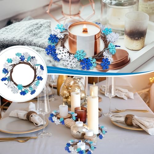 Daifunli 2 Pcs Winter Blue Snowflake Candle Rings Snowflake Wreath Glitter Vintage Wood Wreaths for Pillar 3.9 Inch Candles Holder for Winter Christmas Rustic Table Centerpiece Decor - Image 6