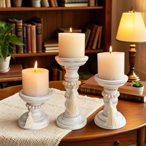 Wood Candle Holders for Pillar Set of 3 Rustic Candles Holder Tall Candlestick Stand for Farmhouse Decor Fireplace Table Centerpieces - Image 2