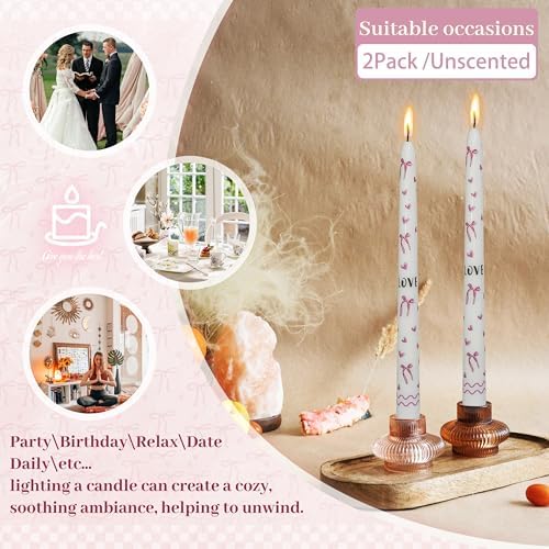 2 Pcs Pink Bow Heart Candle White Taper Candles - Beautiful Gift Party Supplies 10 Inch Bachelorette Bridal Wedding Party Decor - Image 6