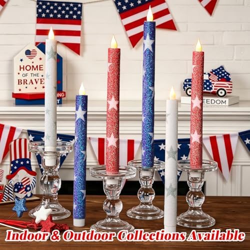 6 Pcs Patriotic Flameless Taper Candles, Glitter Red White and Blue Star Candles for 4th of July 250th Anniversary of Independence Day Home Party Decor, Battery Operated LED Candlesticks - Image 4