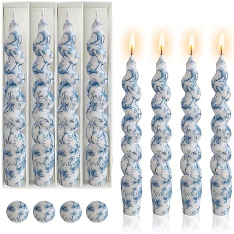 Spiral Candle Sticks Printed Candlestick,Set of 4 Long Taper Candle Colorful Twisted Candlesticks 10 inches Blue Flower Tapered Candles for Home Wedding Women Gifts (2D4T-BLUFLW) by Gedengni