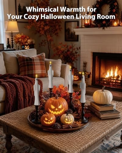 Homemory 6 Pcs Real Wax Ghost Flameless Taper Candles, 3D Wick Flickering Led Candlesticks 9.6 Inch Battery Operated with Remote & Timer, Spooky Halloween Gothic Indoor Decor - Image 4