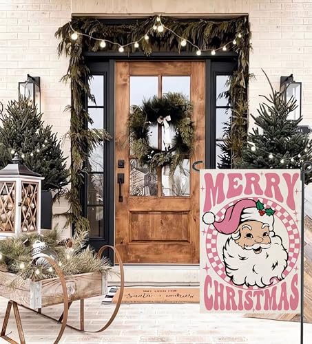 Merry Christmas Garden Flags 12x18 inch Double Sided, Seasonal Xmas Pink Santa Claus Decorations, Small Winter Decor for Yard Outside Outdoor - Image 5