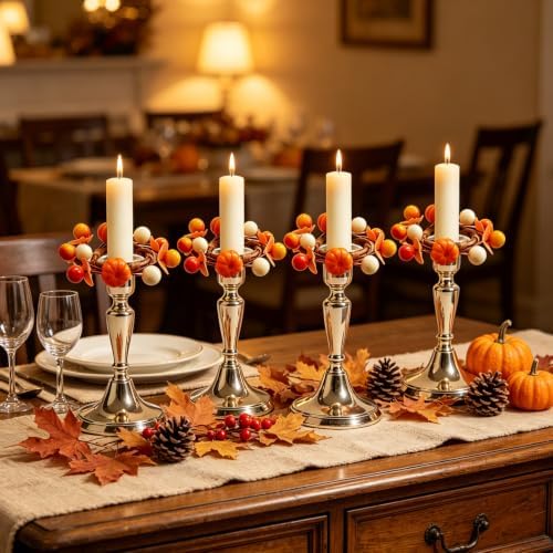 4 PCS Fall Taper Candle Rings 1.38" Mini Artificial Pumpkin Berry Taper Candle Holder Wreaths Thanksgiving Harvest for Pillar Candles Candlesticks Table Centerpieces Rustic Autumn Farmhouse Home Decor - Image 4