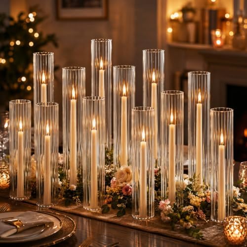 12 Pcs Ribbed Hurricane Glass Candle Holders, 2.5" W x 14" H - Image 6