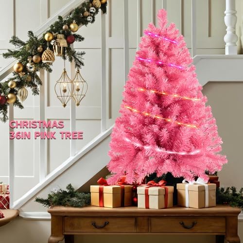 Pink 3ft Christmas Tree with Lights, Small 36inch Artificial Tree Mini Table Top Decorations, Xmas Desk Tree with 80 Colored Lights, 200 Branch, Holiday Decor for Home,Indoor Office Tabletop - Image 2