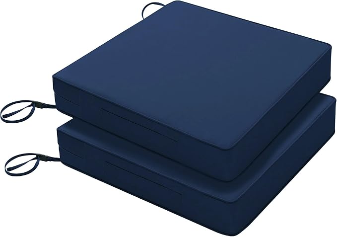 Favoyard Patio Chair Cushions 24 x 24 x 4 Inch Waterproof Outdoor Seat Cushions for Patio Furniture 3-Year Color Fastness Garden Sofa Couch Pads with Handle & Adjustable Straps Set of 2, Blue