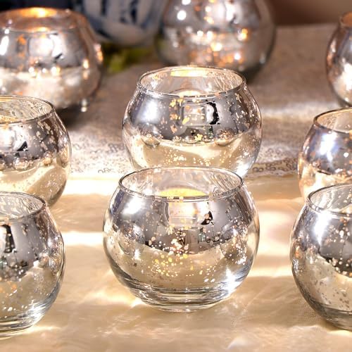 Silver Votive Candle Holders Set of 12 - Mercury Glass Votives Candle Holder - Christmas Tealight Candle Holder for Home Decor and Weddings/Parties Table Centerpieces by LAMORGIFT