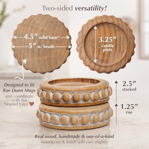 Candle Pedestal [Set of 2] Round Rustic Wood Beaded Risers - Sturdy 2-Sided Stackable Decor Pedestal Stands for Tiered Tray, Candle, Mug Display, Risers Display Stands (Rustic Brown, 5 inch) - Image 2
