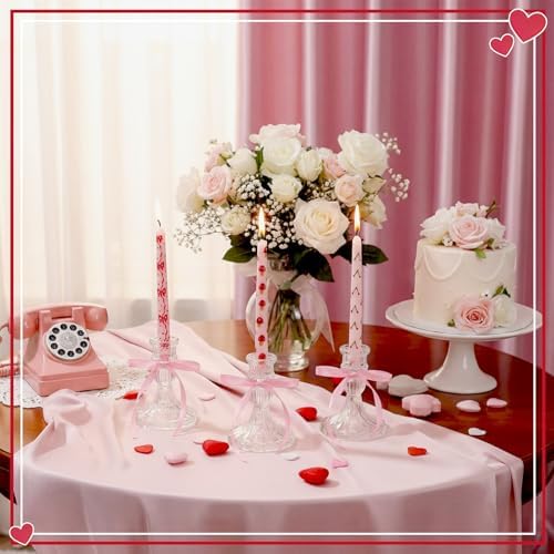 Nuanchu 12 Pcs Galentine's Day Taper Candles Valentines Heart Bow Pink Spiral Candle Sticks Real Wax for Valentines Day Bridal Shower Wedding Anniversary Birthday Dinner Table Home Decor - Image 3