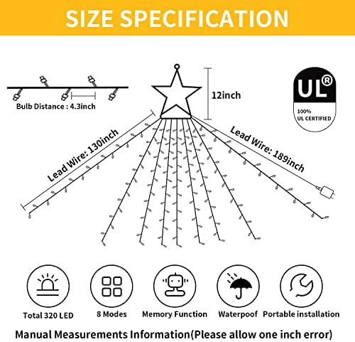 Outdoor Christmas Decorations Star String Lights, 320 LED 11.5 ft Waterfall Tree Lights with 8 Lighting Modes Christmas Star Lights for Indoor Outdoor Yard Home Festival Party Xmas New Year Decor - Image 6