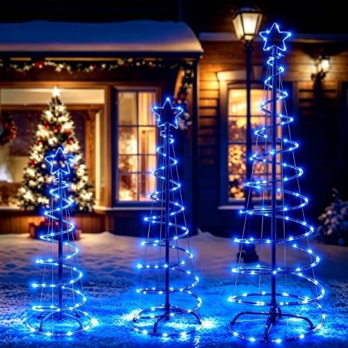 3 Packs Christmas Spiral Tree with Lights, 3/4/5 FT Lighted Xmas Collapsible Tree with Metal Stakes for Indoor & Outdoor, Yard, Porch, Garden Holiday Decor (Blue, 3-4-5 FT) by FLAGLY
