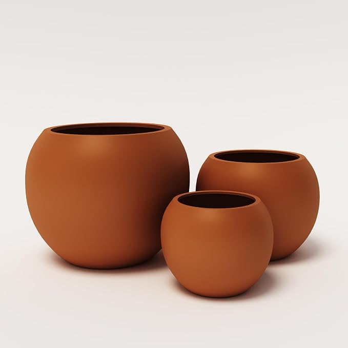 DTY Premium Mt Sherman Fiberstone Sphere Planter for Indoor Outdoor Use, Round Pot for Olive Tree, Lightweight, Smooth Finishes. 2 Coco Mats. Terracotta, Small 12.6" D x 10'' H. 8.5” Pot Opening