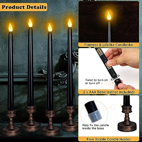 8 Pack Black Halloween Candles, Flameless Taper Candles with Base - Image 3