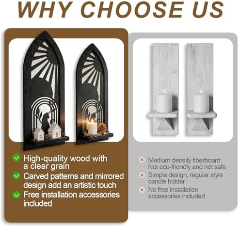 ZEXUIRU 2 Set Rustic Candle Sconces Living Room Bedroom Entryway Wood Mirrored, Farmhouse, Carved Frame Wall-Mount Wooden Candle Holders Wall Decor Hanging Handmade Holder - Black - Image 5
