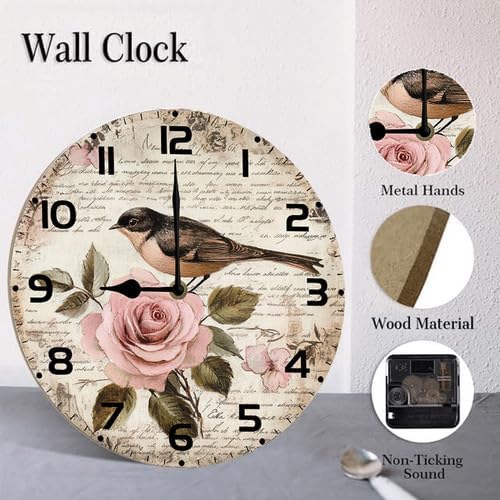 Love Birds Roses Flowers Wooden Silent Non-Ticking 10 Inch Round Clocks Battery Operated Analog for Living Room Kitchen Bedroom Bathroom Office Home School Decor