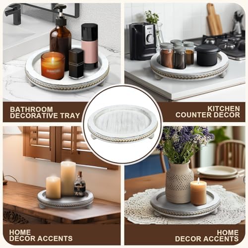 Wood Round Tray for Wooden Coffee Table Decor, Wood Raise Candle Tray Holder Plate,Farmhouse Small Decorative Trays Beade, Rustic Serving Tray for Kitchen Table, Home Decor, Living Room, Retro White - Image 6
