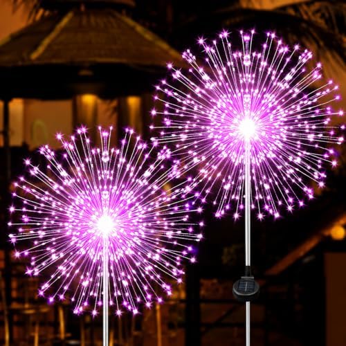 Solar Firework Lights, 2 Pack 120 LEDs 2 Lighting Modes Solar Garden Lights Outdoor Waterproof for Yard Patio Walkway Pathway Party Wedding Christmas Decorative - Pink by JJGoo