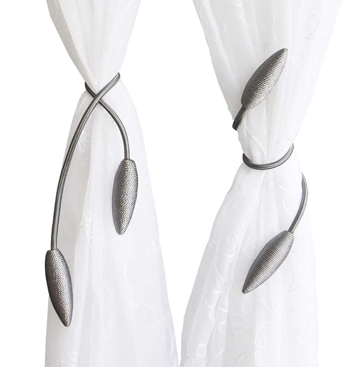 Valea Home 4 Pieces Curtain Tiebacks Clips Creative Window Drape Twist Tie Backs European Style Custom Made Curtain Holders Decorative Draperies Holdbacks, Silver Grey