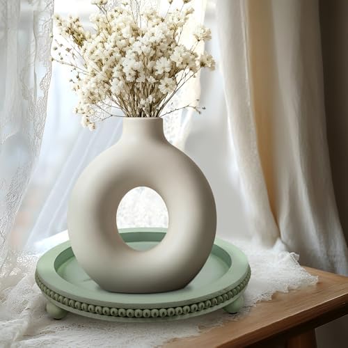 Candle Plate Hold Tray, Sage Round Trays, Wooden Decorative Tray for Coffee Table Decor, Beaded Edge Wood Tray Riser for Living Room Table, Mug Display Decorative, Table Centerpiece, Rustic Green - Image 5