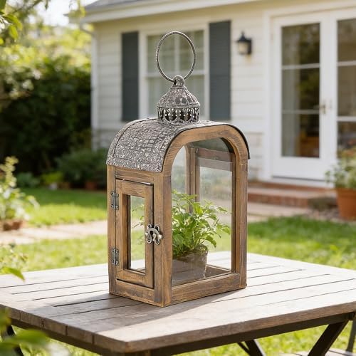 11" High Farmhouse Decorative Lantern, Glass and Metal, Distressed Brown Wood Finish, Rustic Brown Metal Top, Indoor Outdoor Candle Holders (Rustic Brown, 7"X4") - Image 4
