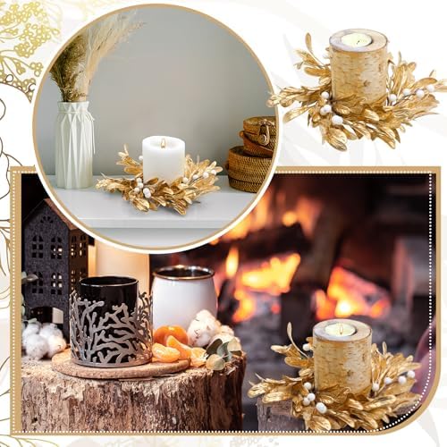 2 Pcs Gold Christmas Candle Rings Wreaths Artificial Gold Boxwood Leaf Wreath for Pillar 3.9 Inch Candles Holder for Christmas Xmas Winter Rustic Table Centerpiece Decor - Image 5