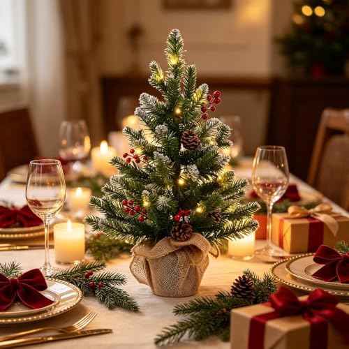 MEETYAMOR 2 FT Mini Christmas Tree, 24" PE Prelit Small Artificial Tabletop Snow Flocked Christmas Trees Decor with 20 Lights Timer, Outdoor Indoor Porch Table Centerpieces Xmas Christmas Decorations - Image 4