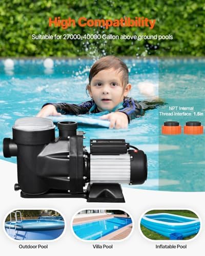 VEVOR Above Ground Pool Pump, 2.5 HP, 148 GPM Max Flow Single Speed Swimming Pool Pump, 220V 3450 RPM 62 ft Max Head Lift with PP Shell Strainer Basket, 122°F Max Water Temperature, for Hot Tubs Spas