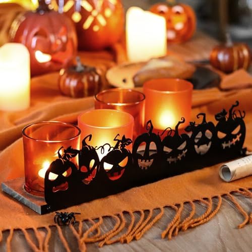 Jack o Lantern Halloween Candle Holder Set, 4 Orange Glass Votive Holders with Metal Pumpkin Charms & Wooden Tray, Spooky Indoor/Outdoor Halloween Decor for Parties, Mantel, Tables - Image 4