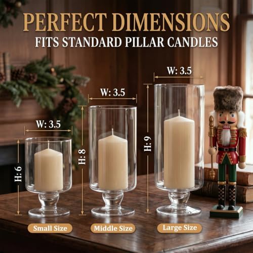 3 Pcs Wedding Glass Candle Holder - 6" 8" 9" Clear Hurricane Stemmed Terrarium Pillar Candle Floating Tealights Flower Vase Centerpiece Holiday Decoration for Home Party - Image 2