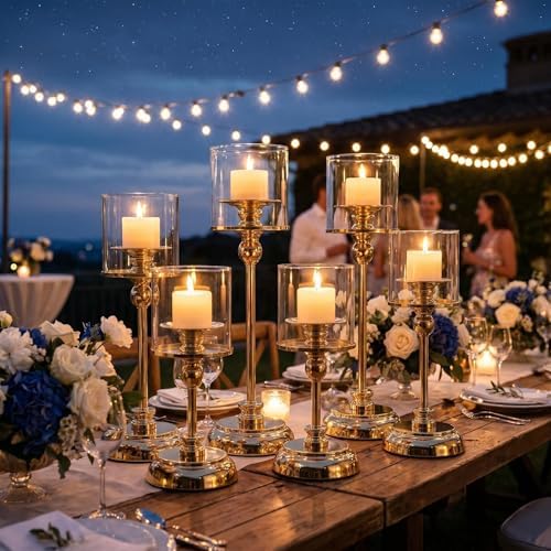 3PCS Gold Hurricane Candle Holders, Glass Hurricane Candlestick Holders for Pillar Candles, Tall Metal Candle Holders with Removable Glass Shade for Wedding Centerpieces, Dining Table Decor - Image 6