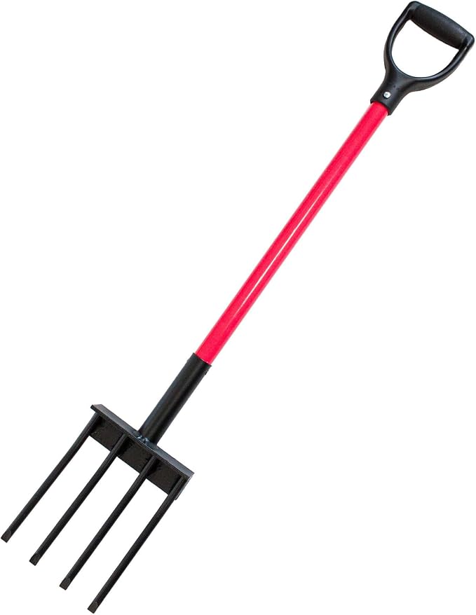 Bully Tools Spading Fork with D-Grip, Heavy Duty Garden Fork for Digging, Aerating and Harvesting Root Crops, 44" Fiberglass Handle, Ideal for Garden Beds and Pavers Base Prep, 100% Made in USA