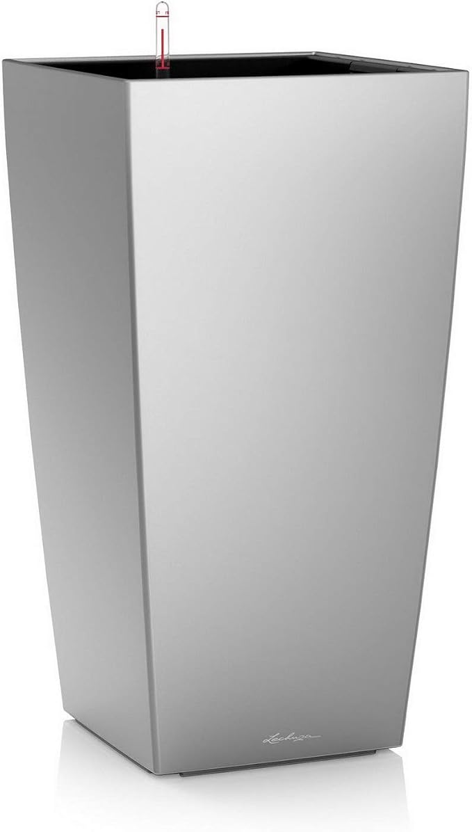Lechuza CUBICO 30 Silver Metallic, Self-Watering Tall Planter, H22 L11.8 W11.8 in