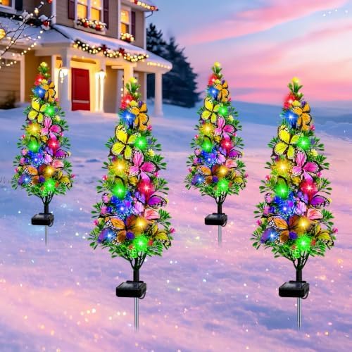 4 Packs Solar Christmas Tree Butterfly Lights Multi-Color Outdoor Christmas Decorations,Xmas Gifts for Women Mom,Solar Christmas Lights Waterproof for Holiday Garden Decor Yard Porch Patio Pathway by EDOF