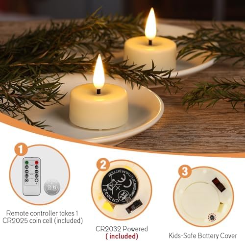 Eywamage Ivory Flameless Wax Tealights with Remote Batteries, Flickering Realistic LED Tea Votive Candles Set of 10 - Image 3