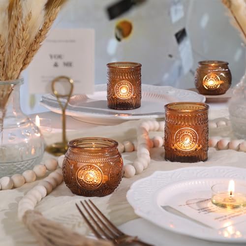 DARJEN 12Pcs Amber Votive Candle Holders - Vintage Glass Candle Holders for Flameless LED Tea Waxes, Tealight Candle Holder for Wedding & Home Table Decor, Vintage Parties - Image 6