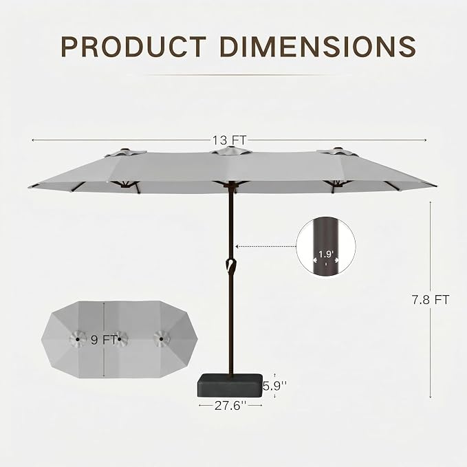 Kingdura 13ft Large Patio Umbrella with Base Included, Double-Sided Rectangle Outdoor Table Umbrella with 12 Reinforced Ribs, Crank Lift for Market Pool Deck Backyard, Light grey