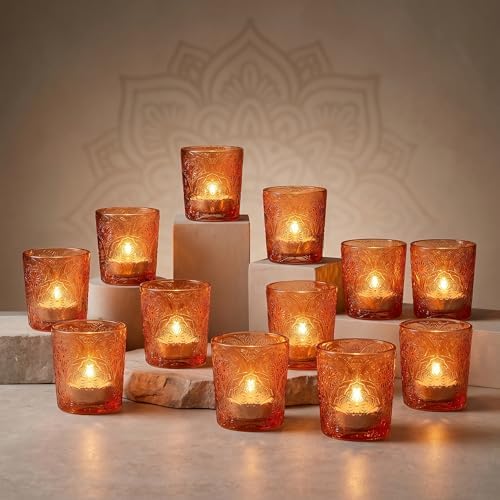 Amber Mandala Glass Tealight Holders, 12 Pack by ArtSecret