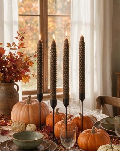 10 Inch Fall Brown Taper Candles Christmas Pinecone Candles Smokeless Unscented Candlestick for Thanksgiving Christmas Winter Holiday Decoration-4Pack by MAITREYA