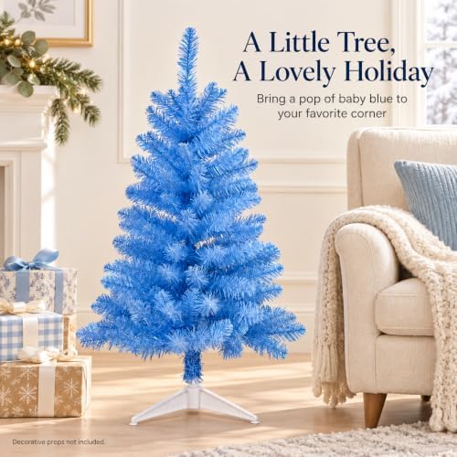 3FT Artificial Christmas Tree with Tinsel and String Lights – Tabletop Small Xmas Tree for Desk, Office, or Small Spaces – Full Branches, Easy Assembly, Holiday Decoration (Baby Blue) - Image 2
