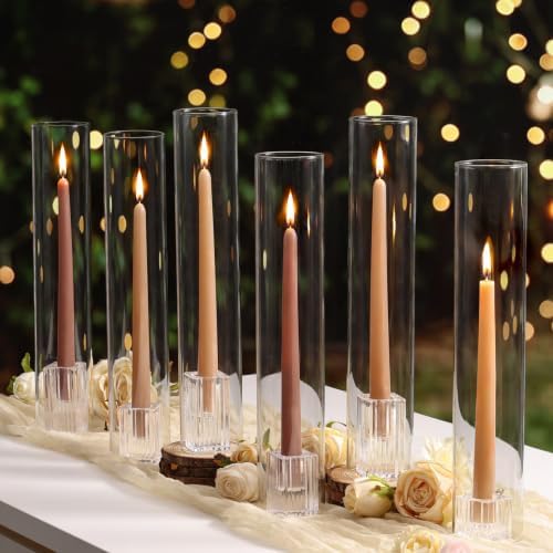LETINE Hurricane Candle Holders with Ribbed Taper Candle Holders Set of 9(14") - Clear, Windproof & Elegant Candle Holder with Glass Cover for Wedding Centerpieces, Events & Home Decor by LETINE