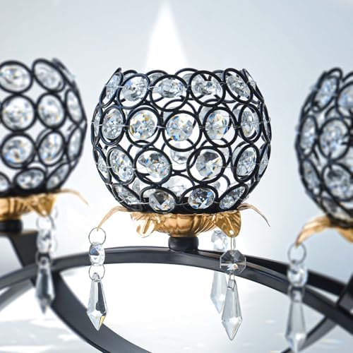 Set of 3 Crystal Tea Light Candlestick Holders Flower Shape with Crystal Pendant Bowl Votive Metal Candle Holder for Table Centerpieces Wedding Home Decor (Black+Gold) - Image 4