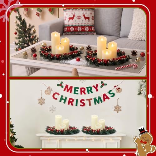 Daifunli 2 Pcs Christmas Gold Ball Red Berry Pine Needle Candle Ring Artificial Berry Bell Wreaths for Pillar 12 Inch Candle Holder for Winter Christmas Country Wedding Kitchen Table Centerpiece Decor - Image 3